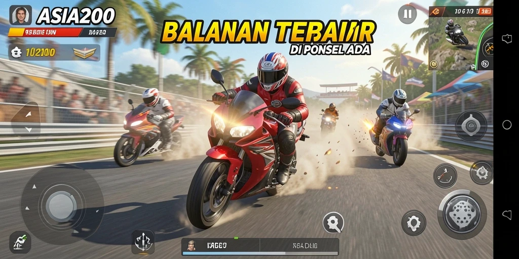 Tampilan gameplay ASIA200 yang mendebarkan saat balapan motor.
