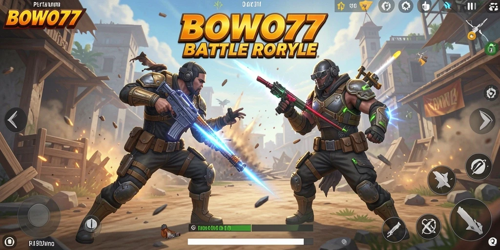 Screenshot BOWO77 menampilkan aksi pertarungan intens di arena Battle Royale.