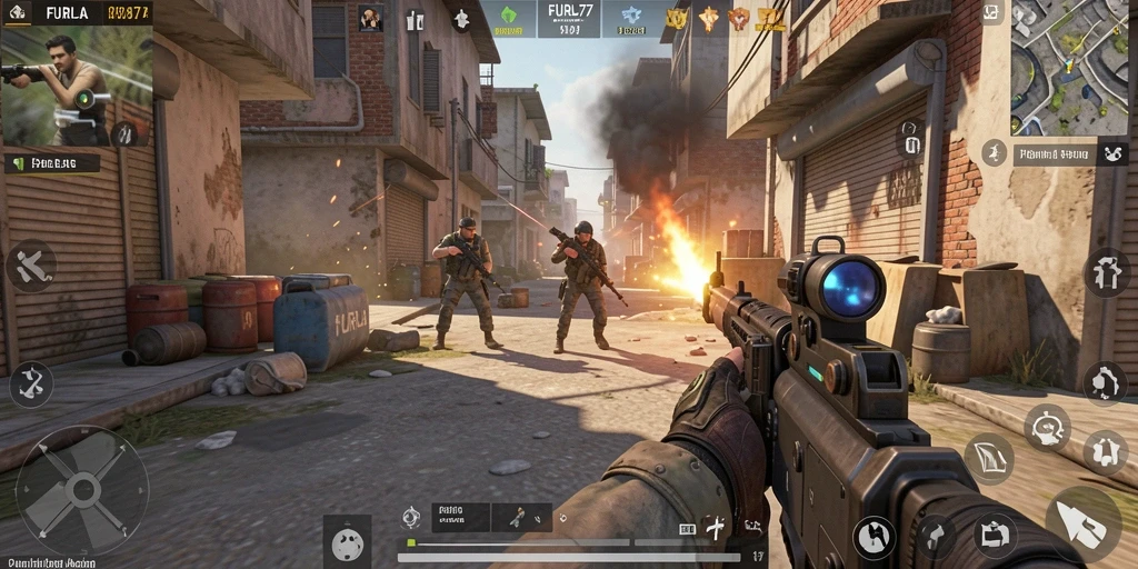 Screenshot FURLA77 menampilkan aksi seru dalam pertempuran FPS.