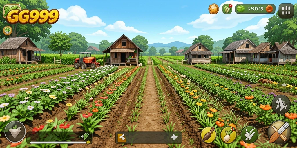 Tampilan gameplay GG999 menampilkan suasana pertanian yang hijau dan subur.