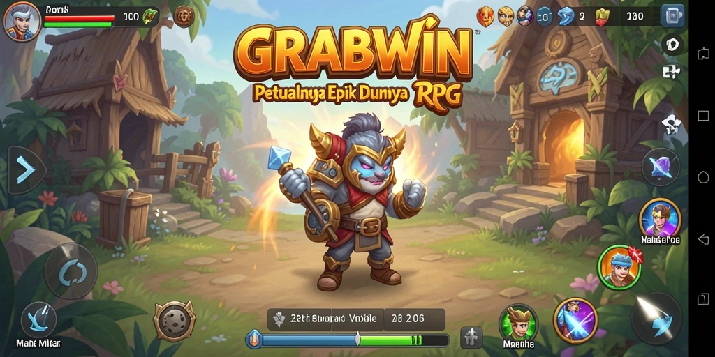 Screenshot gameplay GRABWIN yang menunjukkan pertempuran epik di dunia RPG.