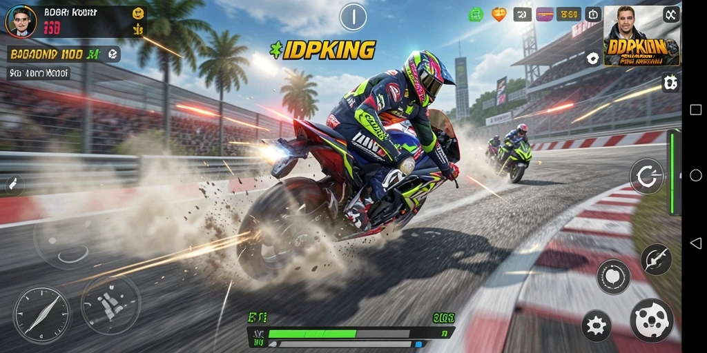 Screenshot gameplay IDPKING menampilkan balapan motor yang seru dan intens.