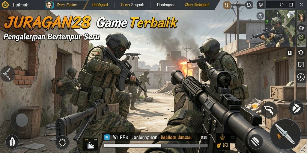 Screenshot utama menampilkan aksi seru dalam game FPS JURAGAN28.